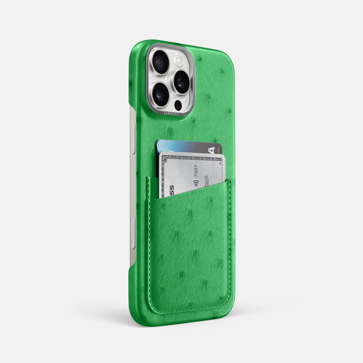 Kentucky Green iPhone 16 Pro Max Card Case Ostrich with Steel Metal -2 | Kentucky-Green-Steel