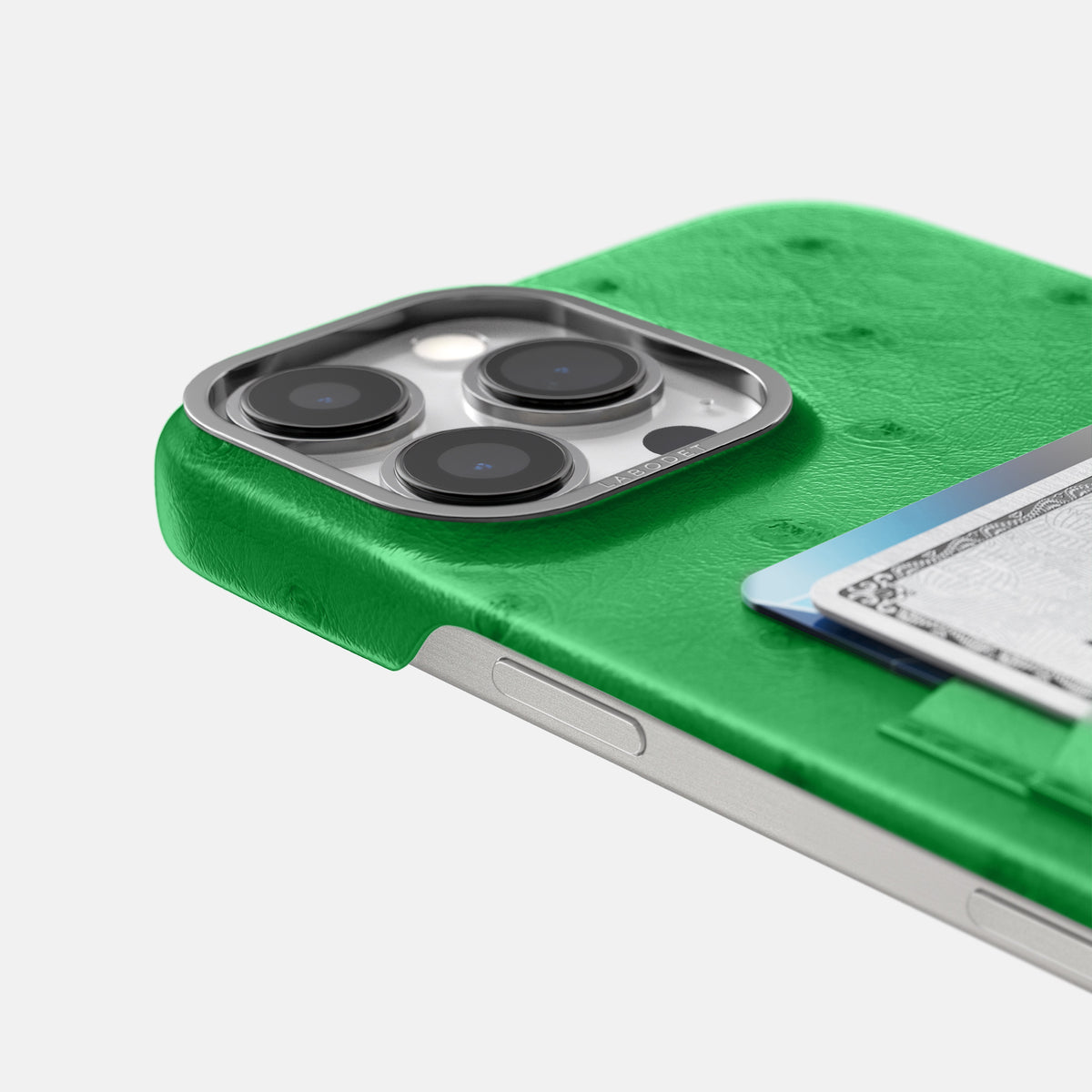 Kentucky Green iPhone 16 Pro Max Card Case Ostrich with Steel Metal -5 | Kentucky-Green-Steel