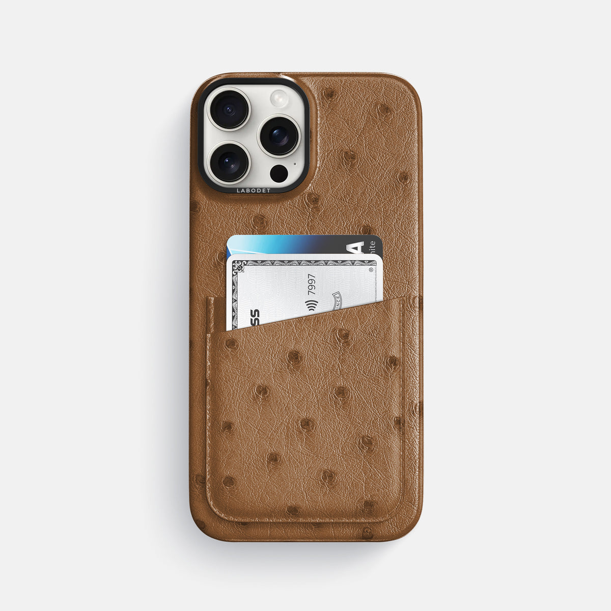 Medium-Brown iPhone 16 Pro Max Card Case Ostrich with Black Metal -1 | Medium-Brown-Black