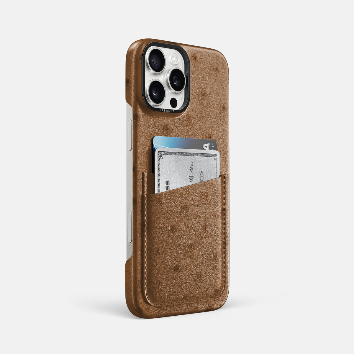 Medium-Brown iPhone 16 Pro Max Card Case Ostrich with Black Metal -2 | Medium-Brown-Black