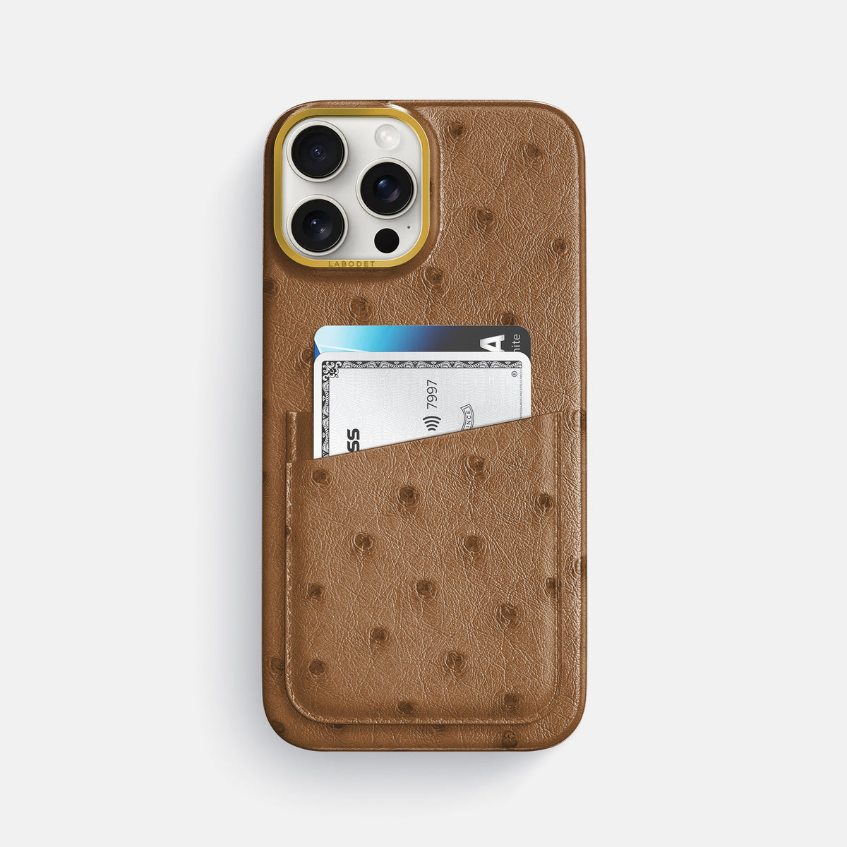 Medium-Brown iPhone 16 Pro Max Card Case Ostrich with Gold Metal -1 | Medium-Brown-Gold