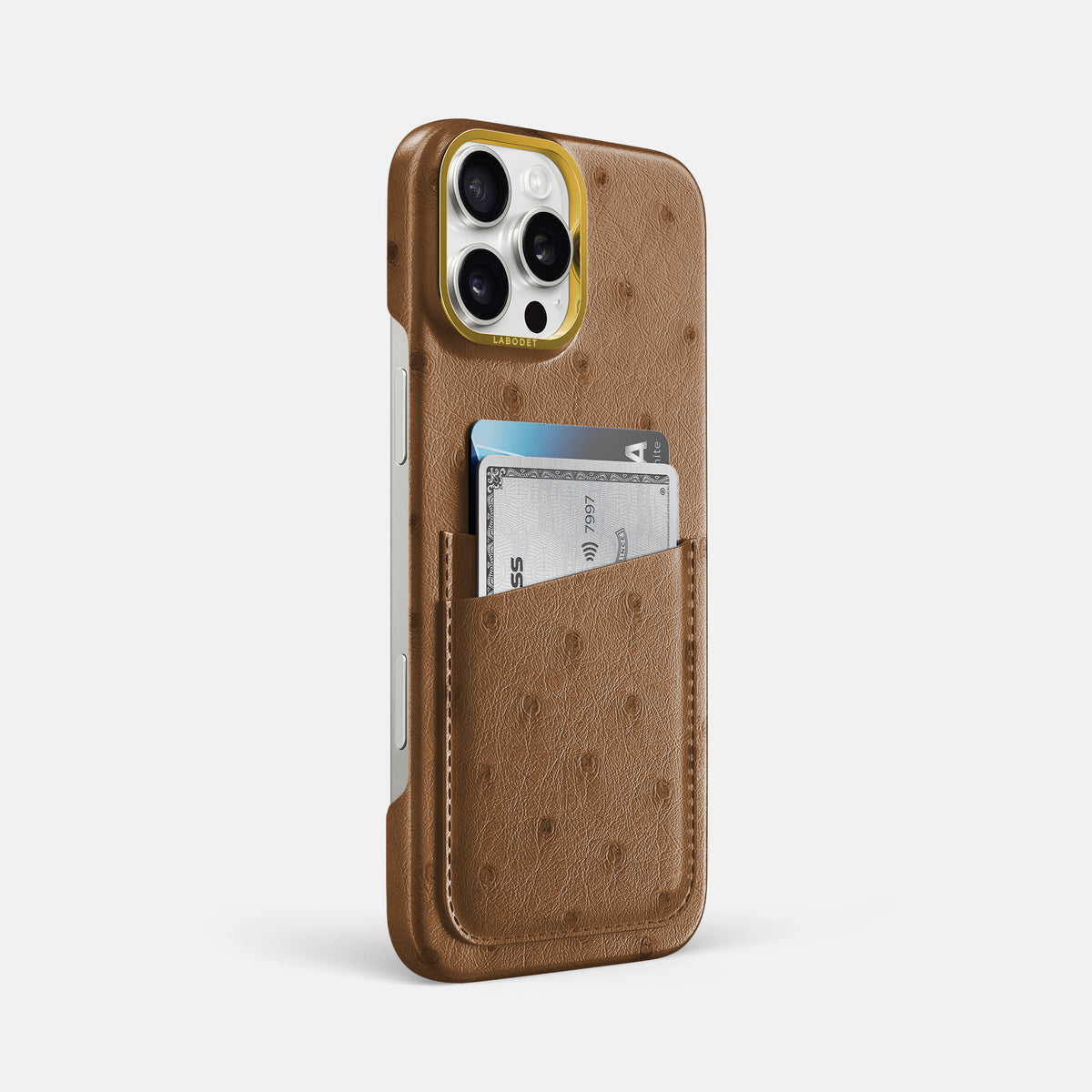 Medium-Brown iPhone 16 Pro Max Card Case Ostrich with Gold Metal -2 | Medium-Brown-Gold