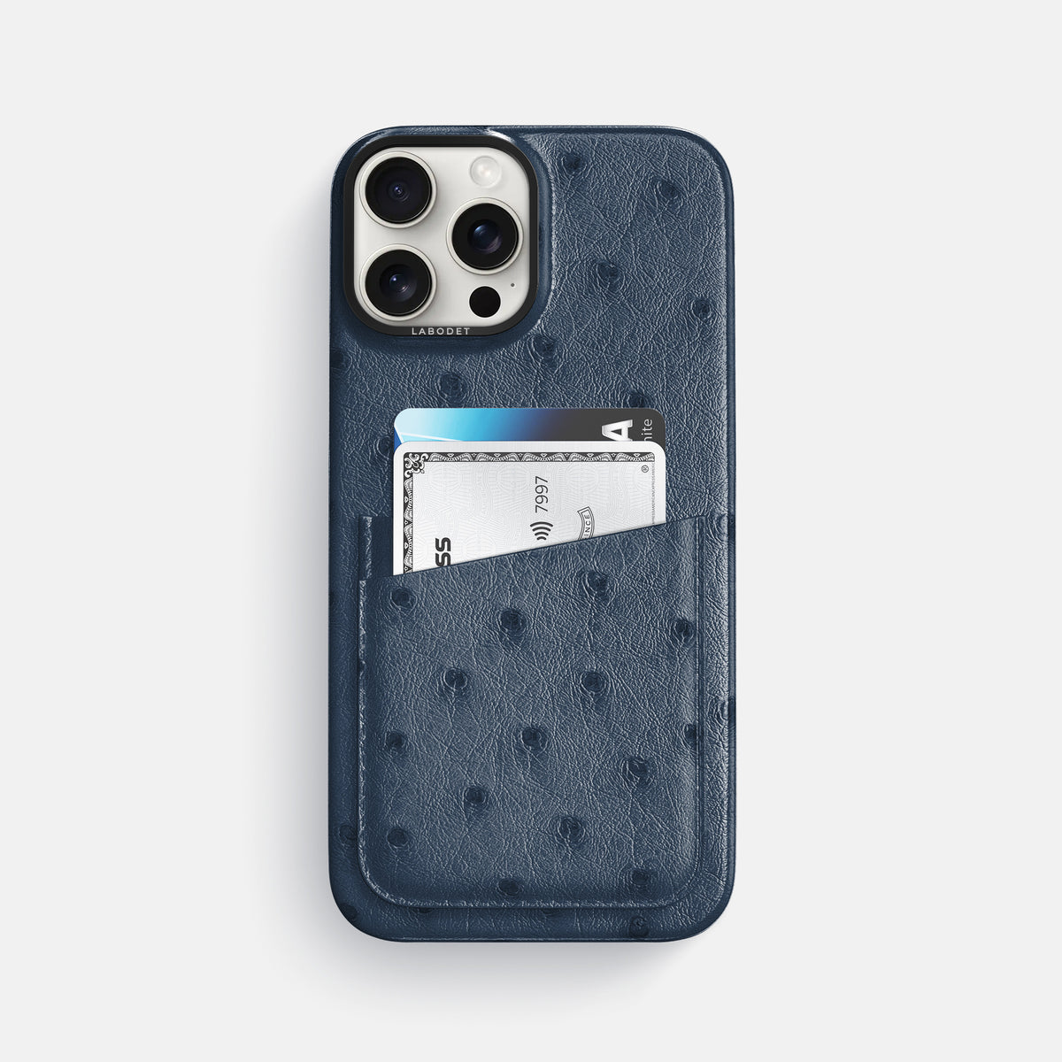 Navy-Blue iPhone 16 Pro Max Card Case Ostrich with Black Metal -1 | Navy-Blue-Black