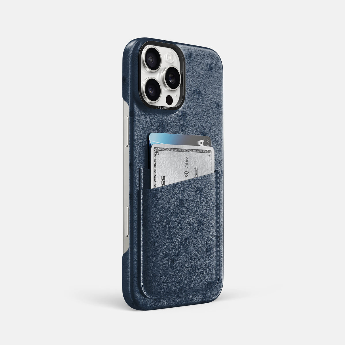 Navy-Blue iPhone 16 Pro Max Card Case Ostrich with Black Metal -2 | Navy-Blue-Black