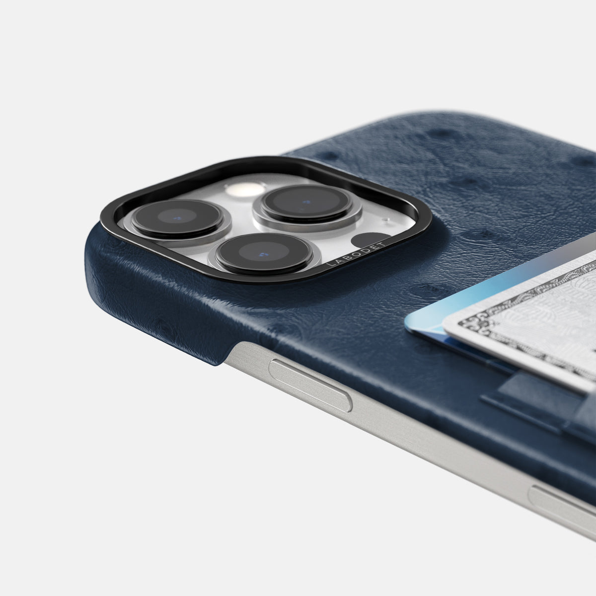 Navy-Blue iPhone 16 Pro Max Card Case Ostrich with Black Metal -5 | Navy-Blue-Black
