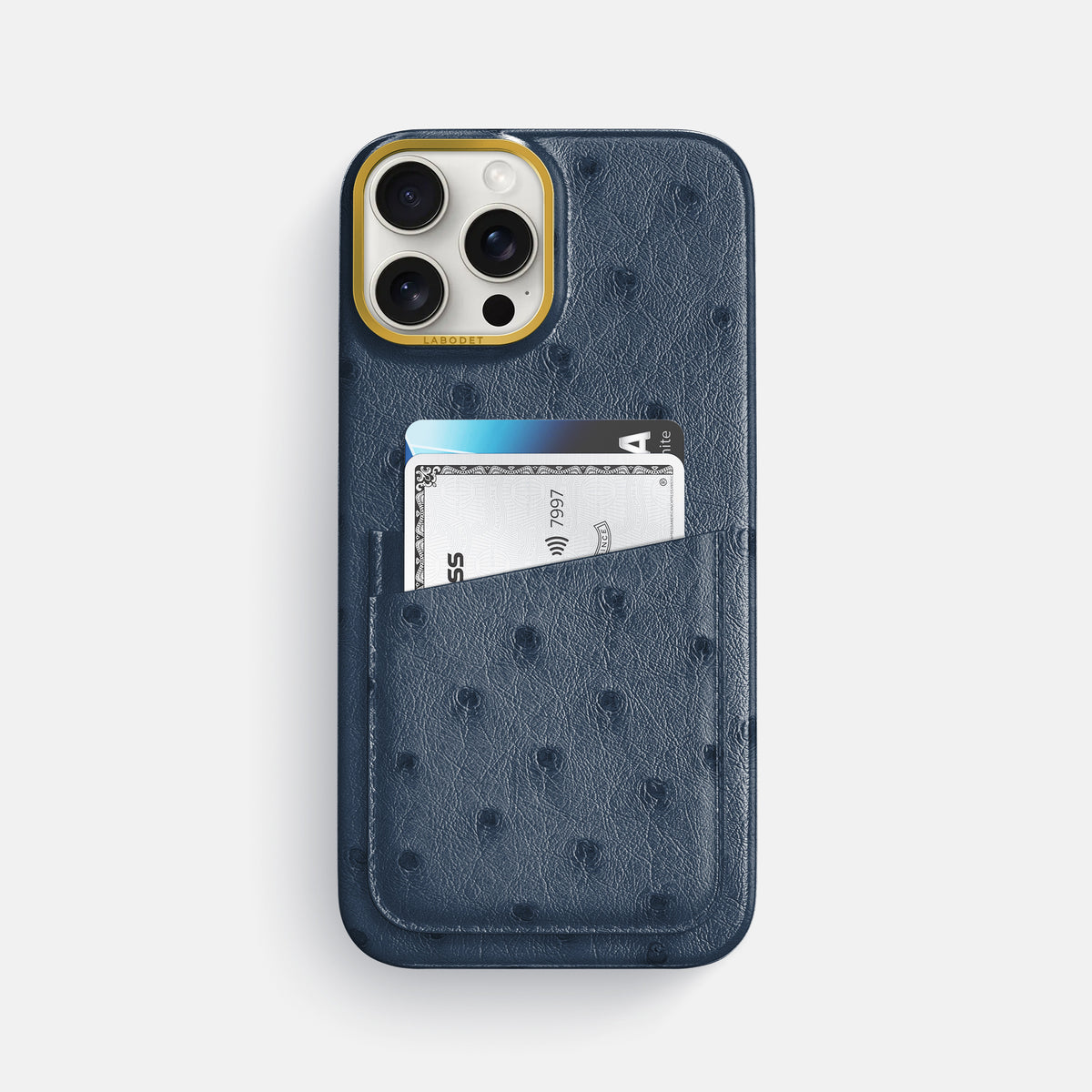 Navy-Blue iPhone 16 Pro Max Card Case Ostrich with Gold Metal -1 | Navy-Blue-Gold