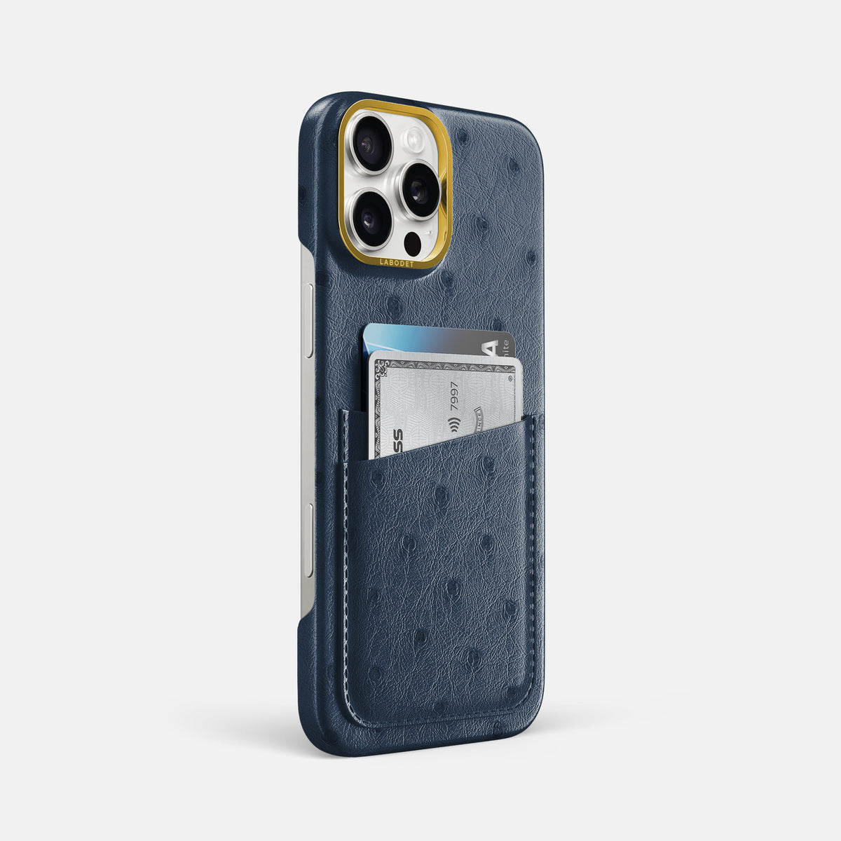 Navy-Blue iPhone 16 Pro Max Card Case Ostrich with Gold Metal -2 | Navy-Blue-Gold