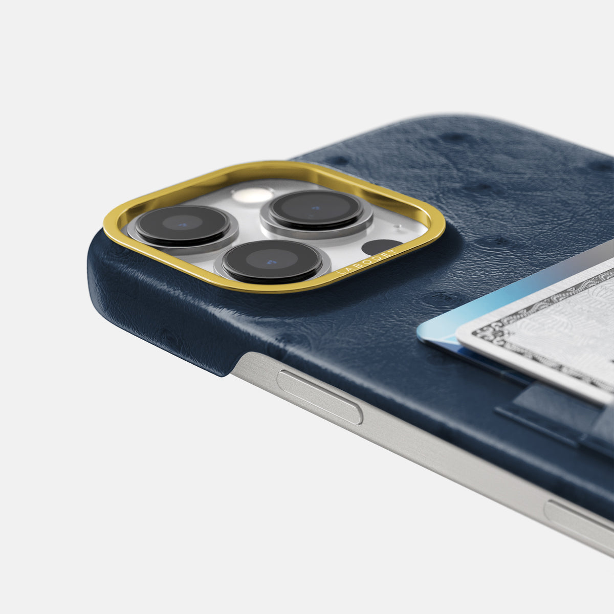 Navy-Blue iPhone 16 Pro Max Card Case Ostrich with Gold Metal -5 | Navy-Blue-Gold