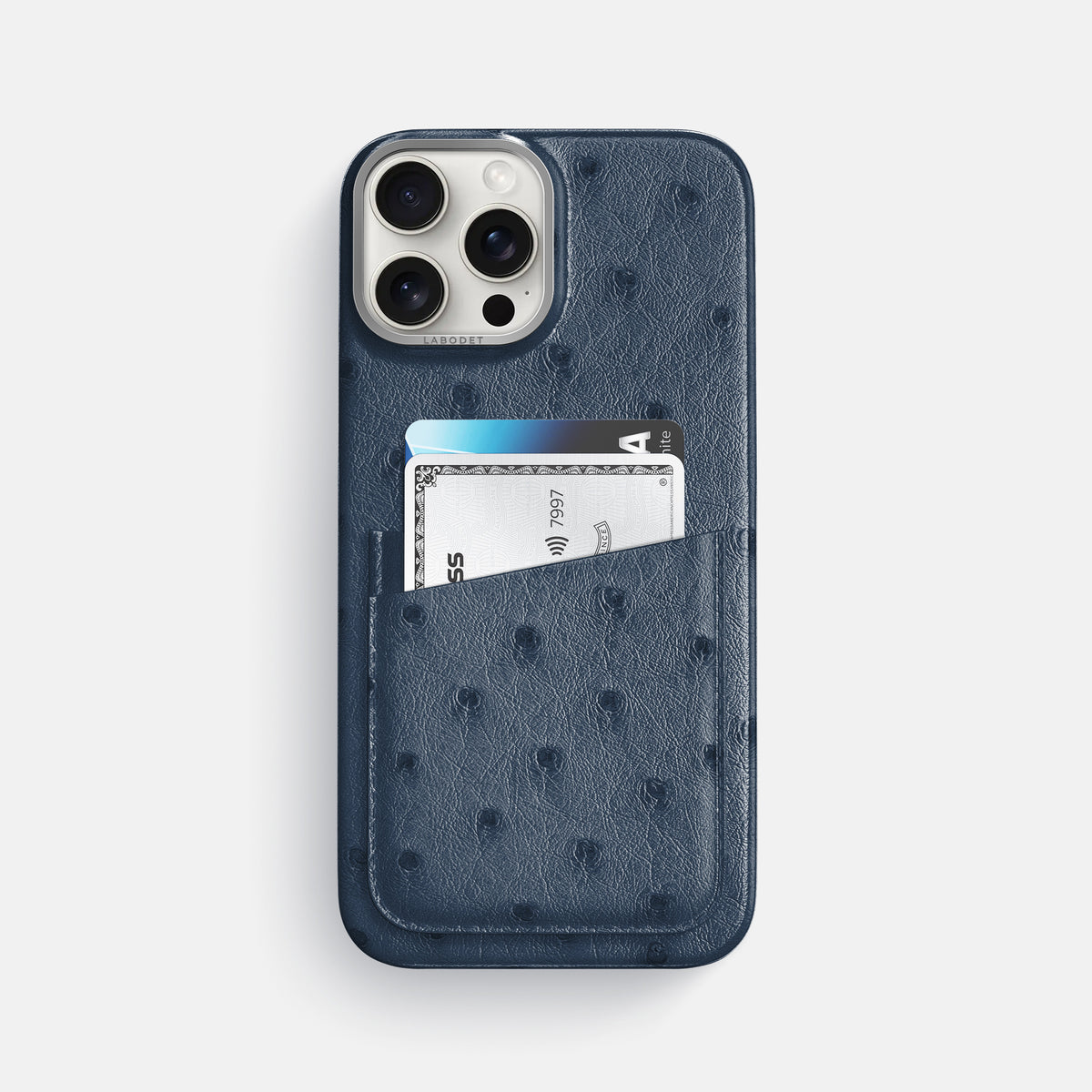 Navy-Blue iPhone 16 Pro Max Card Case Ostrich with Steel Metal -1 | Navy-Blue-Steel