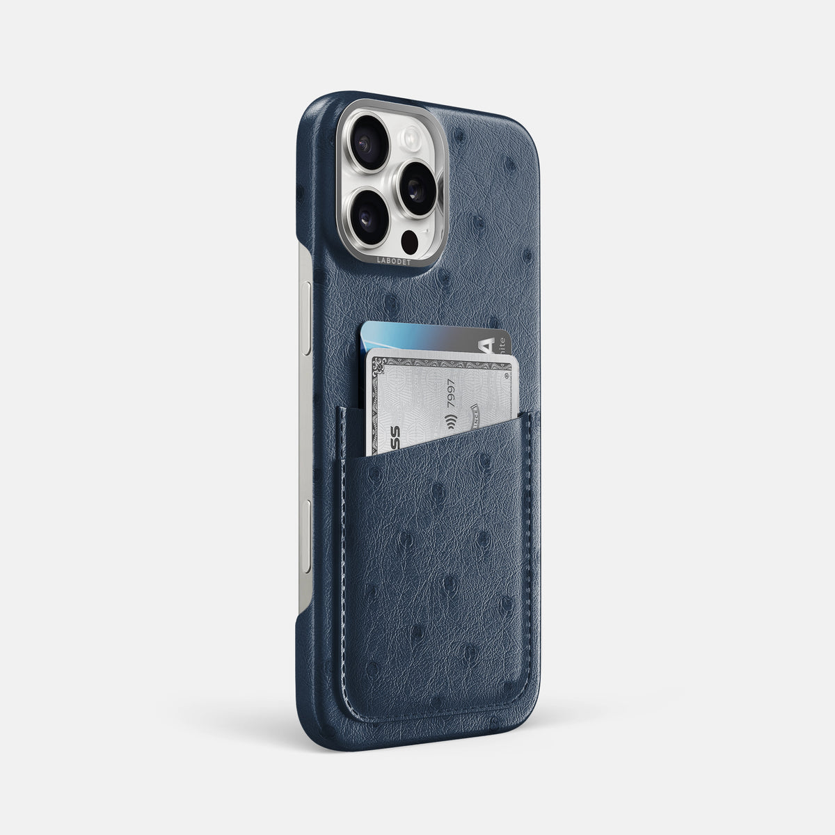 Navy-Blue iPhone 16 Pro Max Card Case Ostrich with Steel Metal -2 | Navy-Blue-Steel