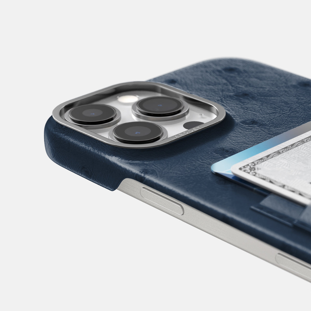 Navy-Blue iPhone 16 Pro Max Card Case Ostrich with Steel Metal -5 | Navy-Blue-Steel