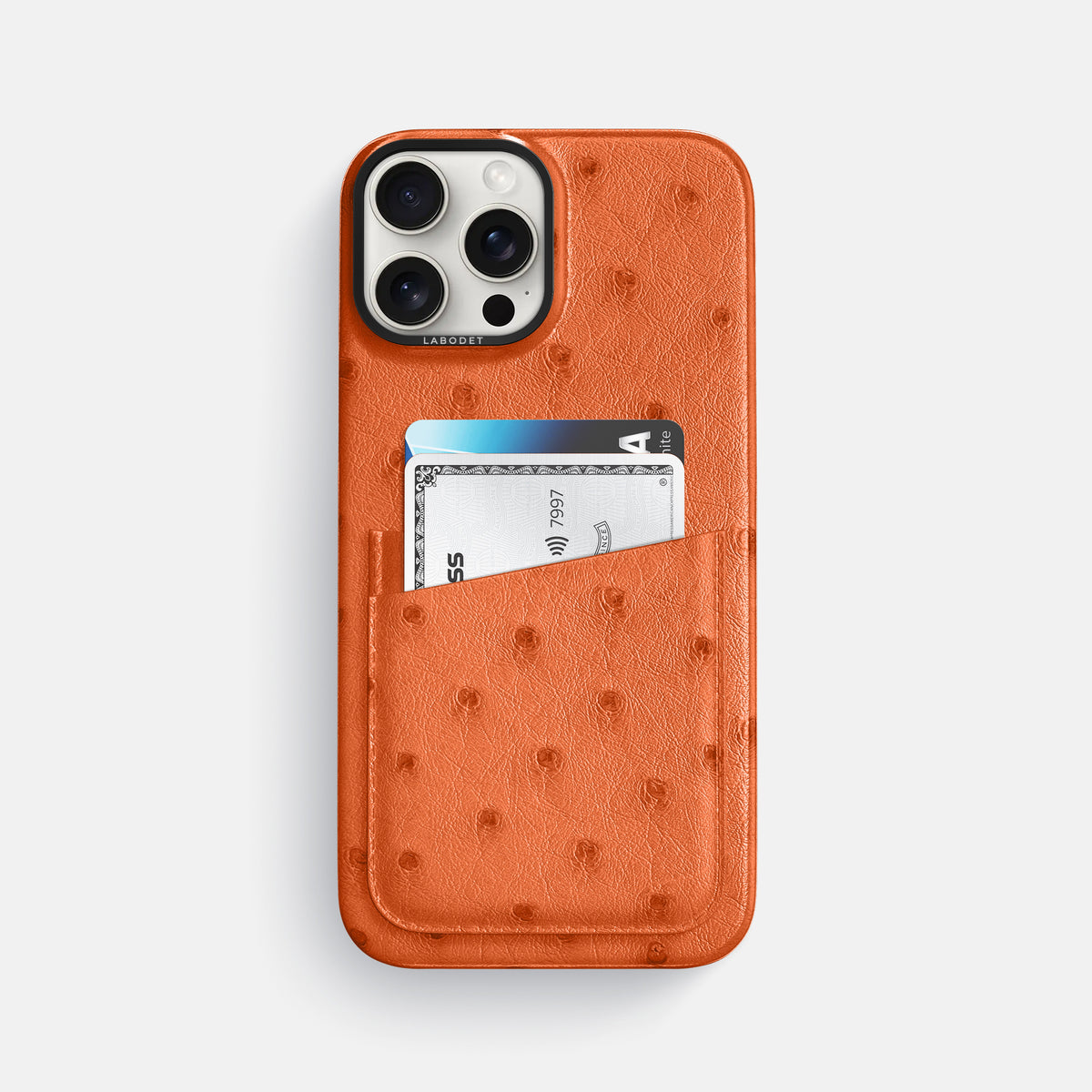 Orange iPhone 16 Pro Max Card Case Ostrich with Black Metal -1 | Orange-Black