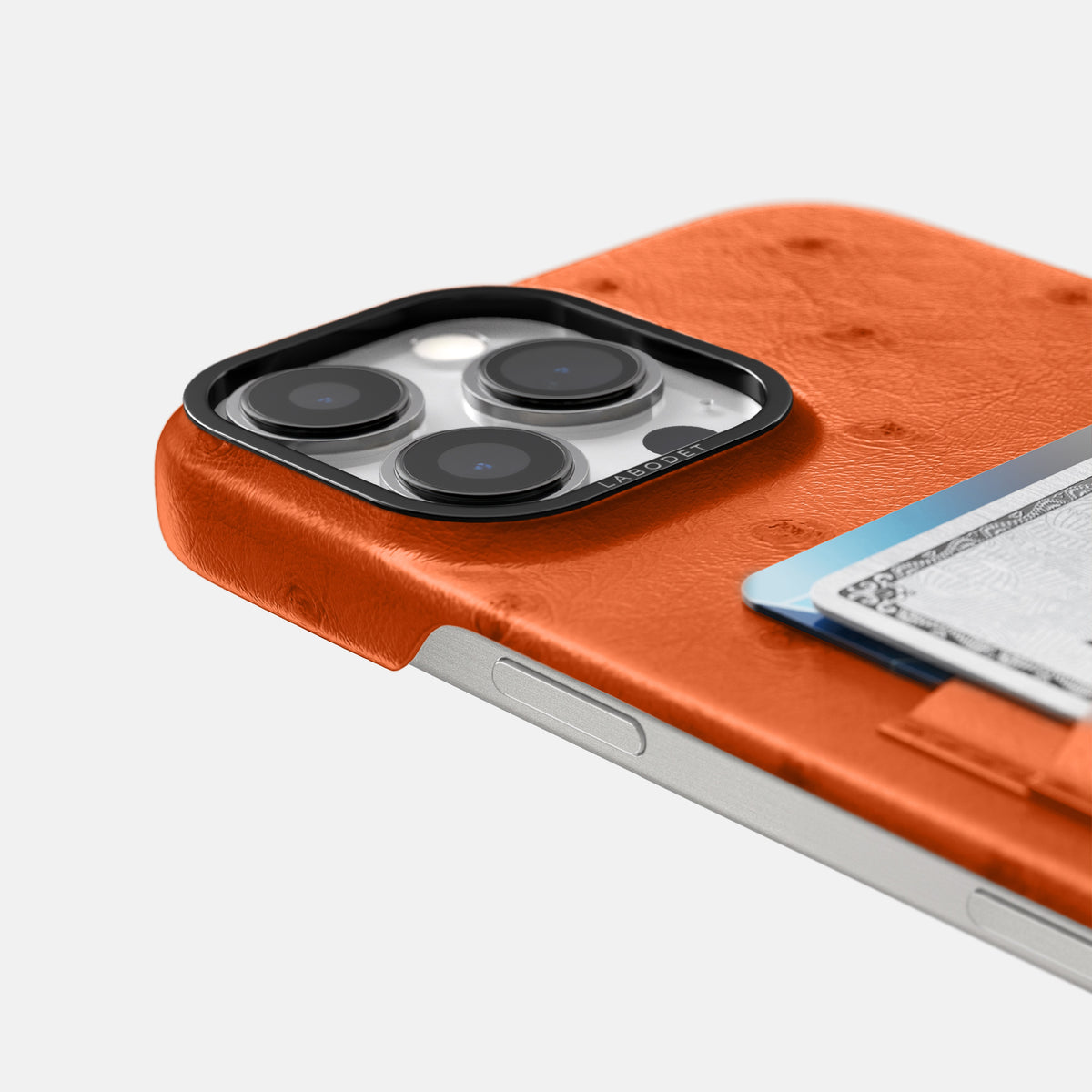 Orange iPhone 16 Pro Max Card Case Ostrich with Black Metal -5 | Orange-Black