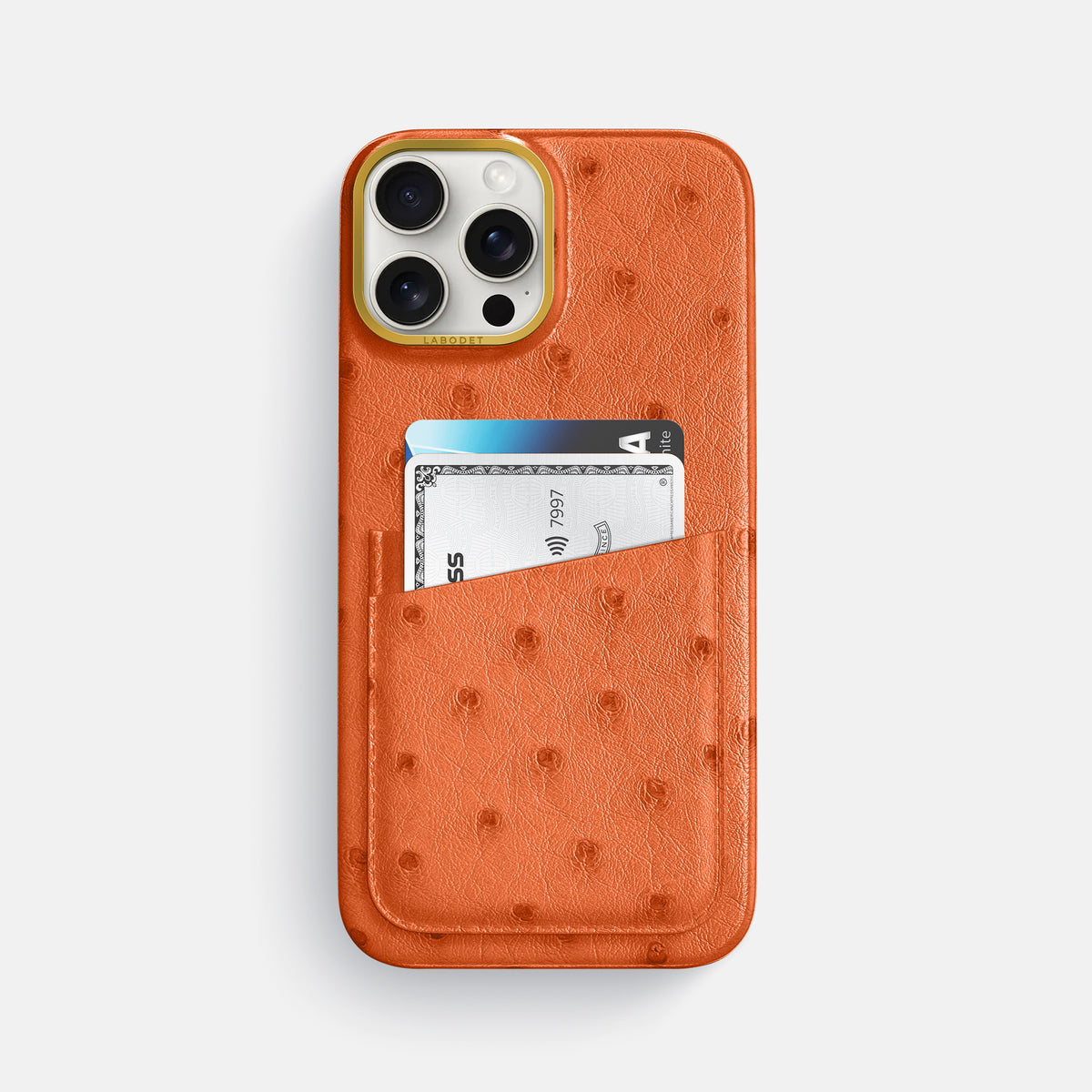 Orange iPhone 16 Pro Max Card Case Ostrich with Gold Metal -1 | Orange-Gold