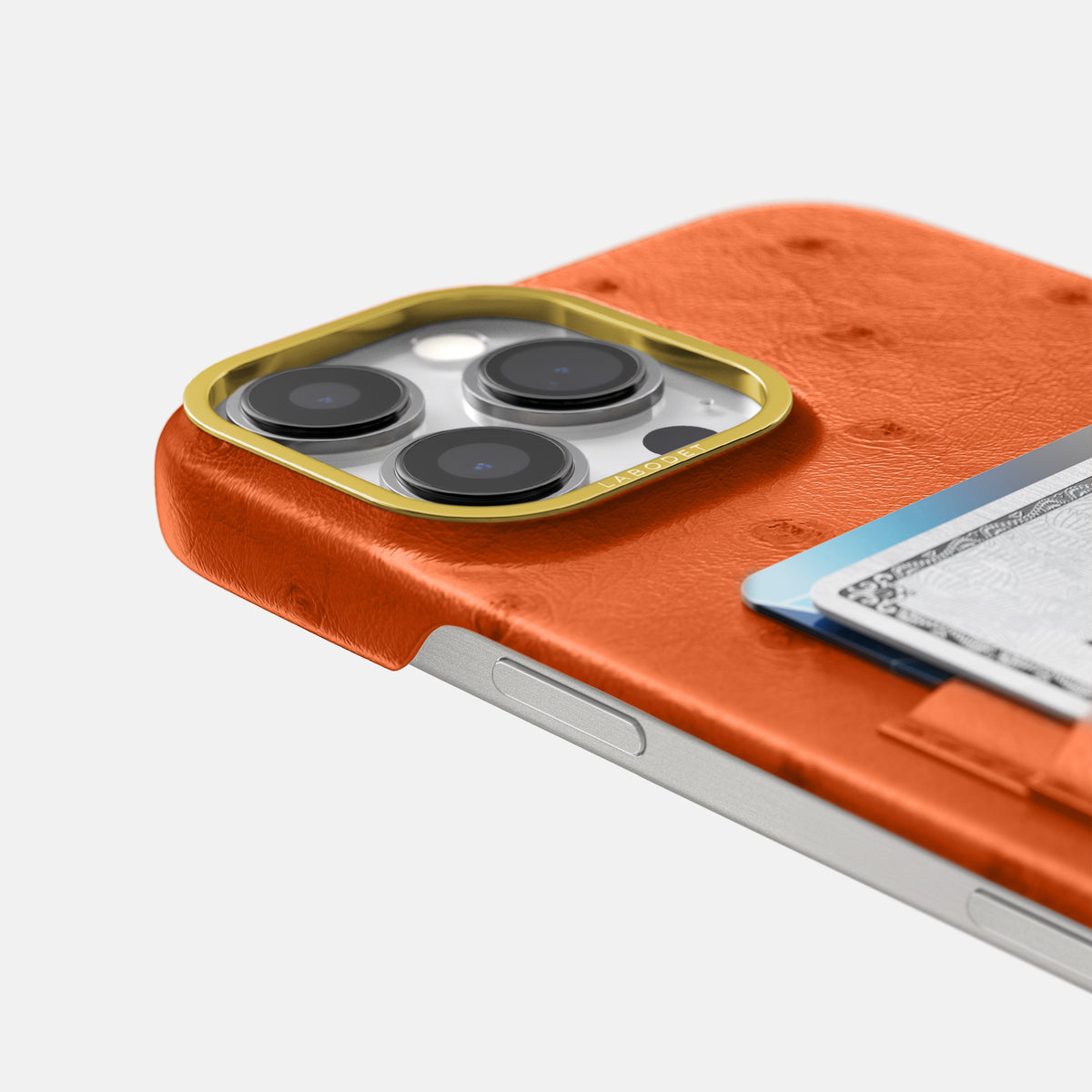 Orange iPhone 16 Pro Max Card Case Ostrich with Gold Metal -5 | Orange-Gold