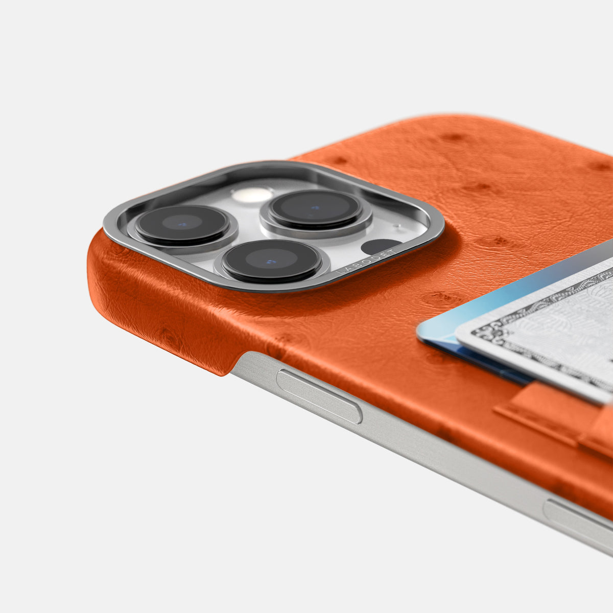 Orange iPhone 16 Pro Max Card Case Ostrich with Steel Metal -5 | Orange-Steel