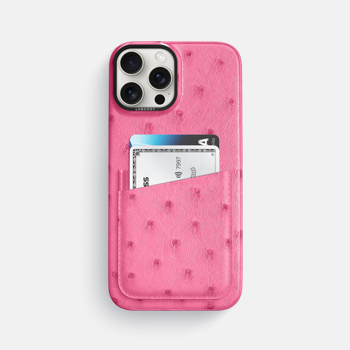 Pink iPhone 16 Pro Max Card Case Ostrich with Black Metal -1 | Pink-Black