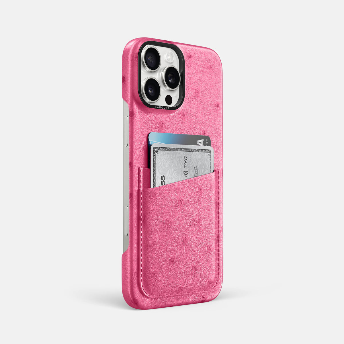 Pink iPhone 16 Pro Max Card Case Ostrich with Black Metal -2 | Pink-Black