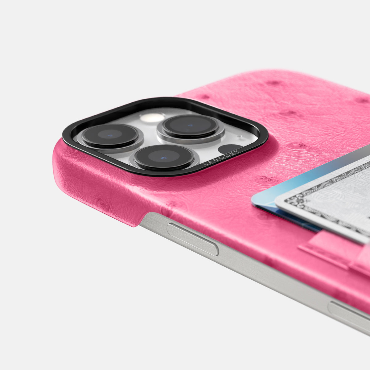 Pink iPhone 16 Pro Max Card Case Ostrich with Black Metal -5 | Pink-Black