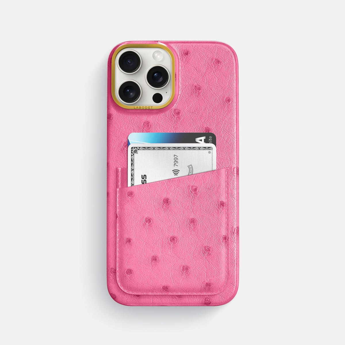Pink iPhone 16 Pro Max Card Case Ostrich with Gold Metal -1 | Pink-Gold