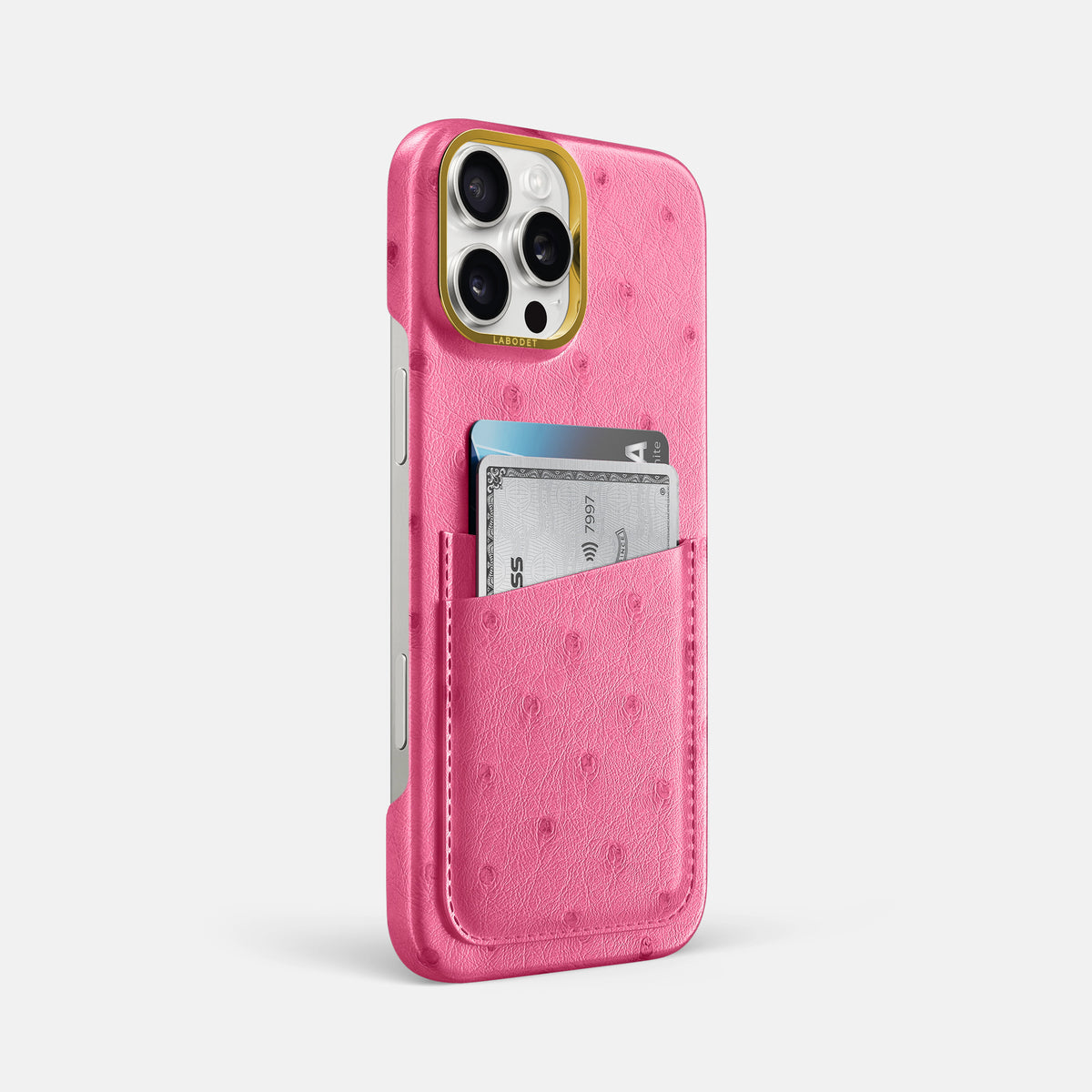 Pink iPhone 16 Pro Max Card Case Ostrich with Gold Metal -2 | Pink-Gold