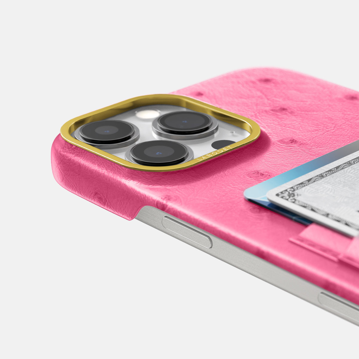 Pink iPhone 16 Pro Max Card Case Ostrich with Gold Metal -5 | Pink-Gold