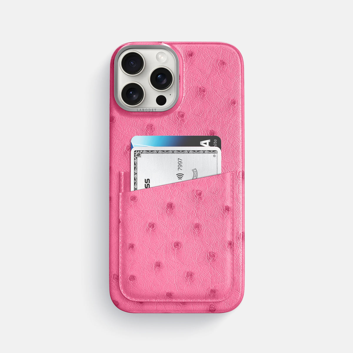 Pink iPhone 16 Pro Max Card Case Ostrich with Steel Metal -1 | Pink-Steel