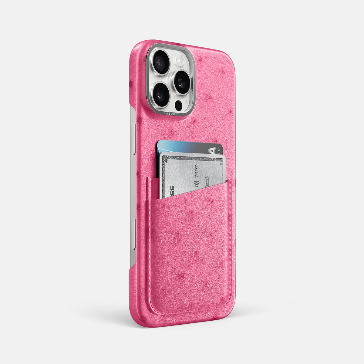 Pink iPhone 16 Pro Max Card Case Ostrich with Steel Metal -2 | Pink-Steel