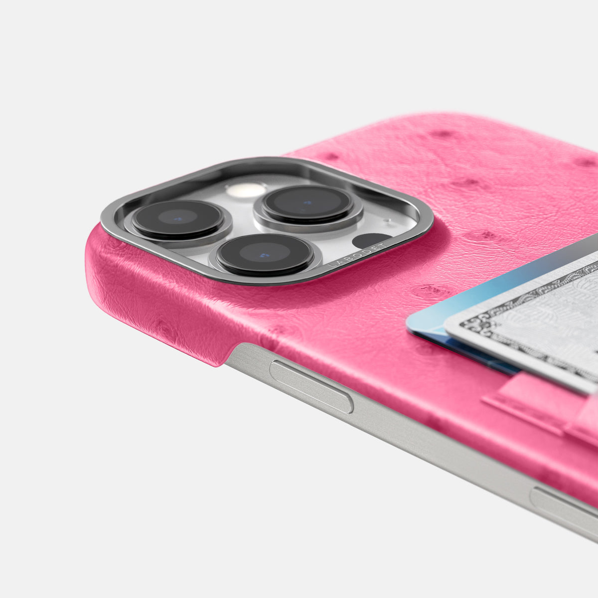 Pink iPhone 16 Pro Max Card Case Ostrich with Steel Metal -5 | Pink-Steel