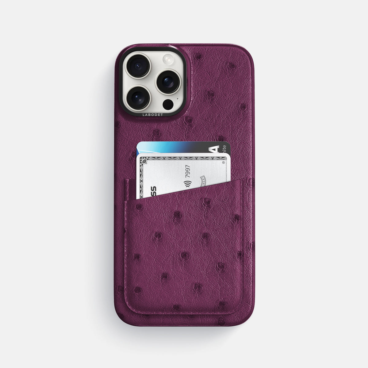 Purple iPhone 16 Pro Max Card Case Ostrich with Black Metal -1 | Purple-Black
