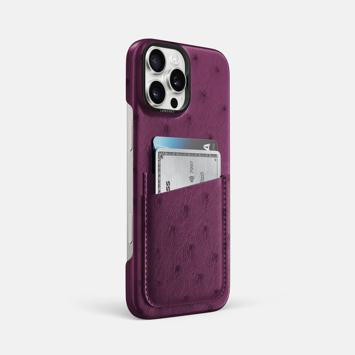 Purple iPhone 16 Pro Max Card Case Ostrich with Black Metal -2 | Purple-Black