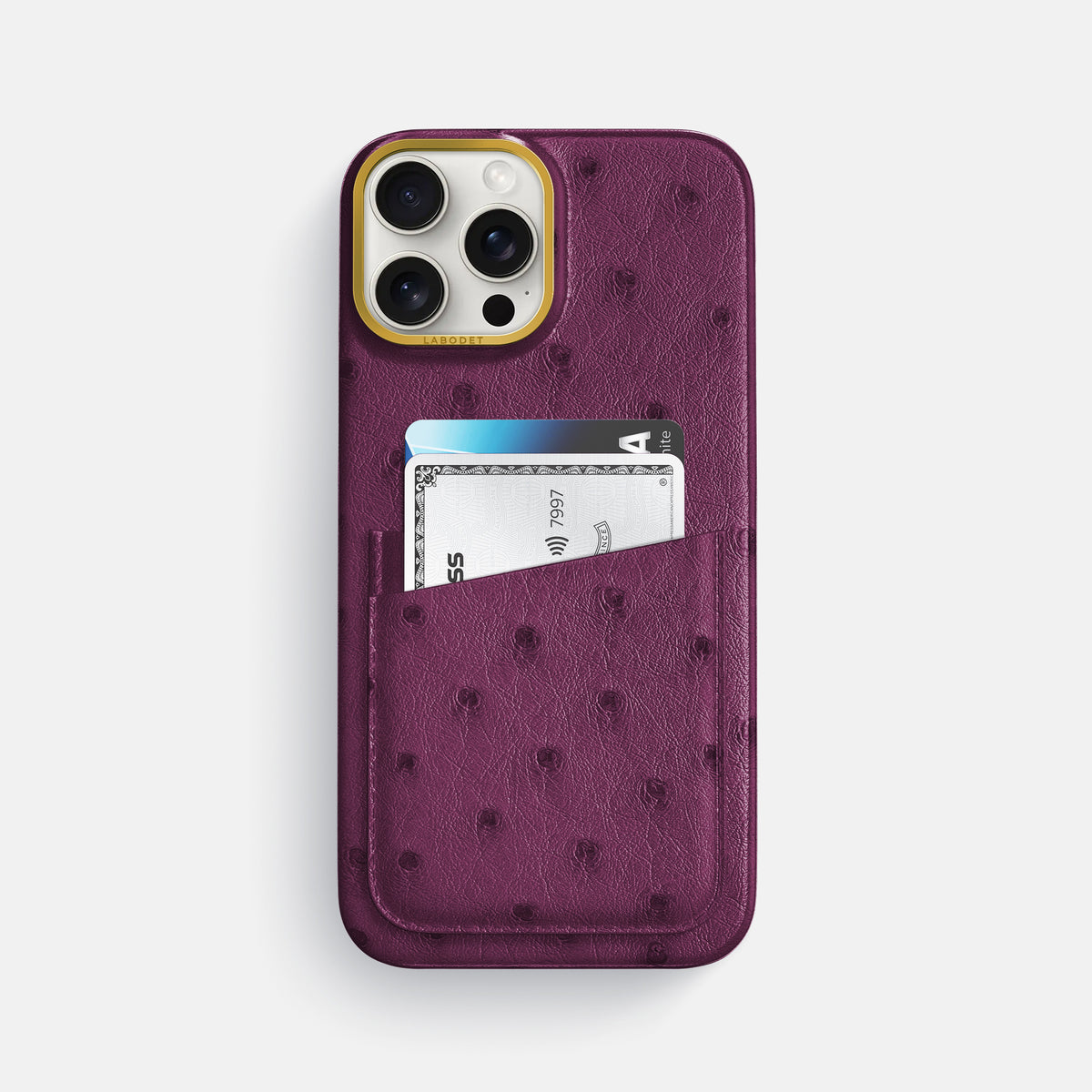Purple iPhone 16 Pro Max Card Case Ostrich with Gold Metal -1 | Purple-Gold