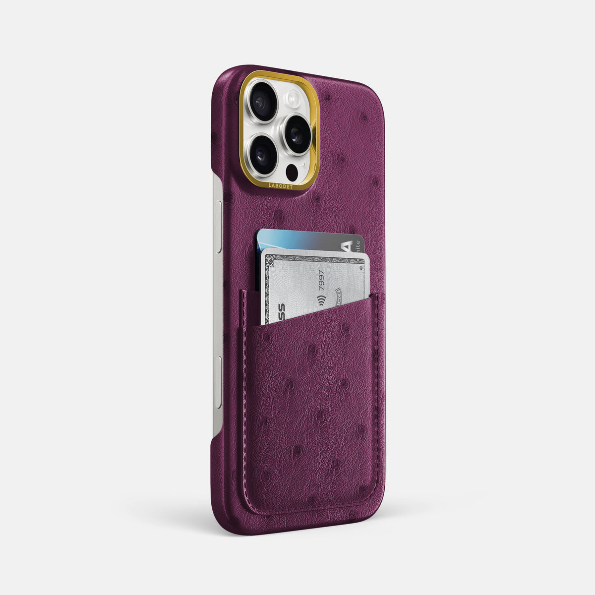 Purple iPhone 16 Pro Max Card Case Ostrich with Gold Metal -2 | Purple-Gold