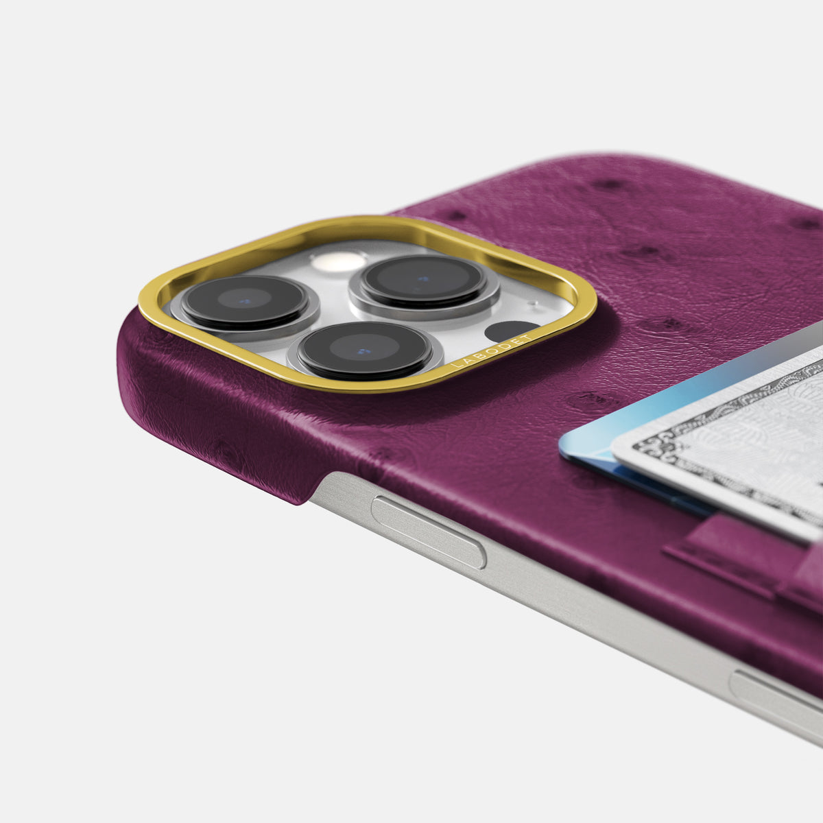 Purple iPhone 16 Pro Max Card Case Ostrich with Gold Metal -5 | Purple-Gold