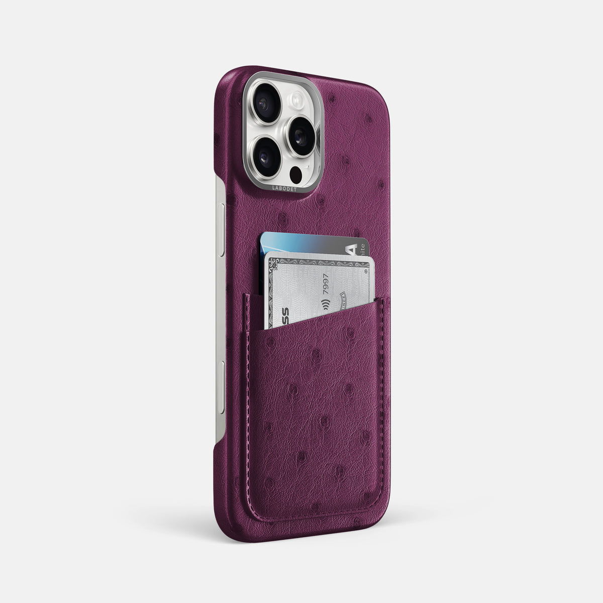 Purple iPhone 16 Pro Max Card Case Ostrich with Steel Metal -2 | Purple-Steel