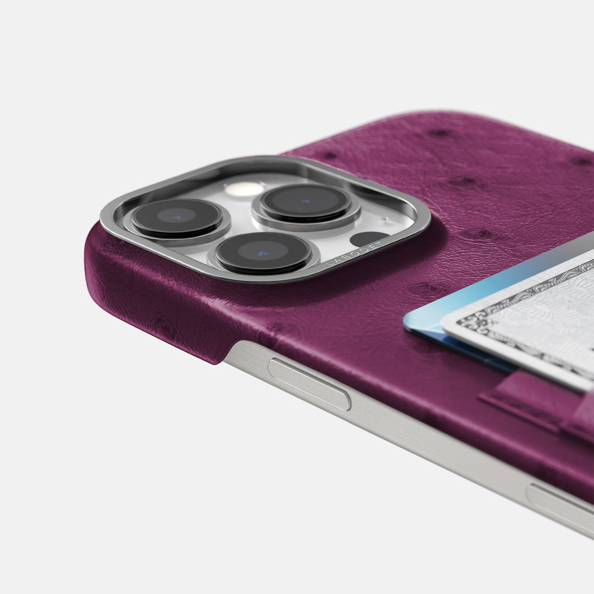 Purple iPhone 16 Pro Max Card Case Ostrich with Steel Metal -5 | Purple-Steel
