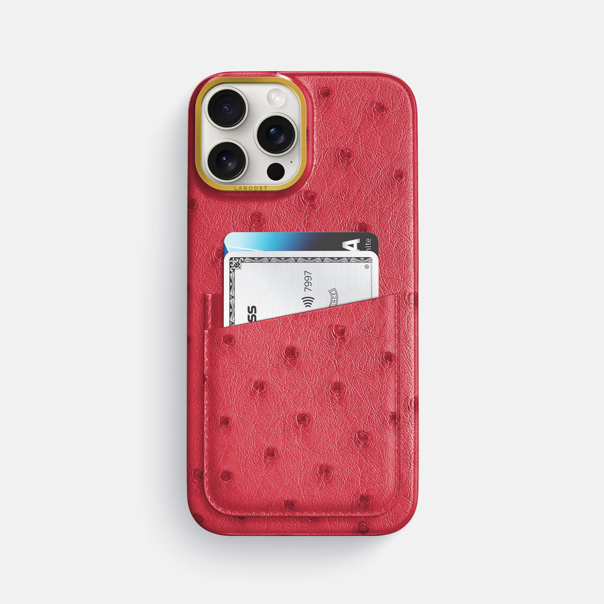 Red iPhone 16 Pro Max Card Case Ostrich with Gold Metal -1 | Red-Gold
