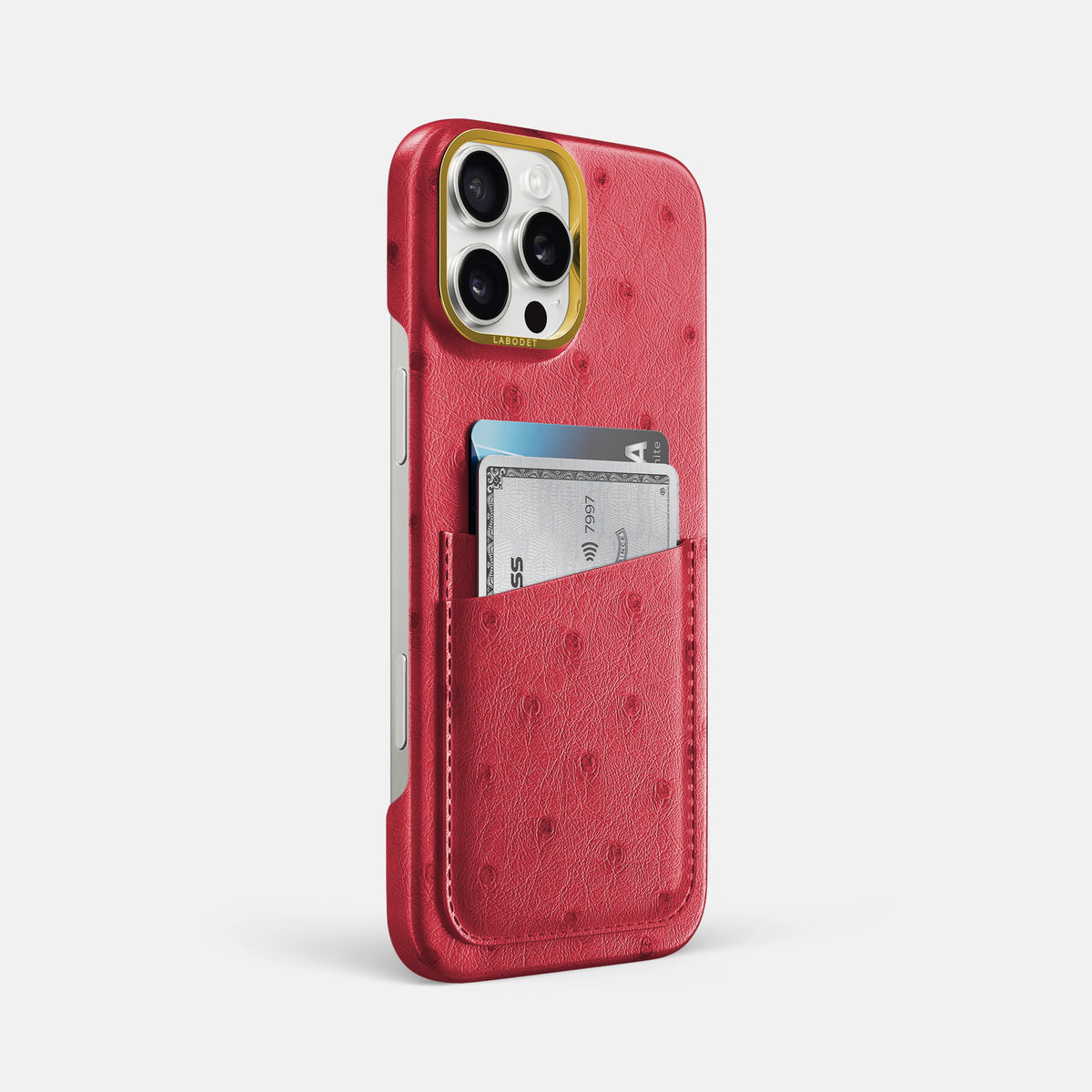 Red iPhone 16 Pro Max Card Case Ostrich with Gold Metal -2 | Red-Gold