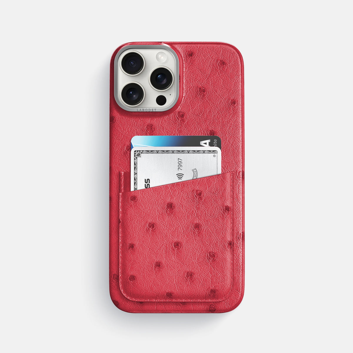 Red iPhone 16 Pro Max Card Case Ostrich with Steel Metal -1 | Red-Steel