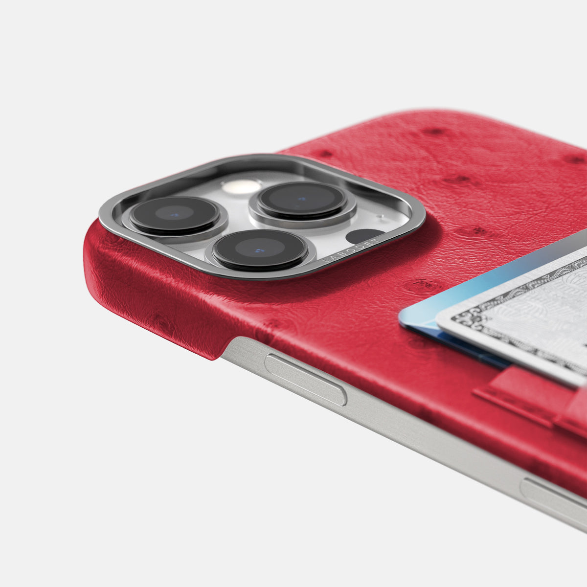 Red iPhone 16 Pro Max Card Case Ostrich with Steel Metal -5 | Red-Steel