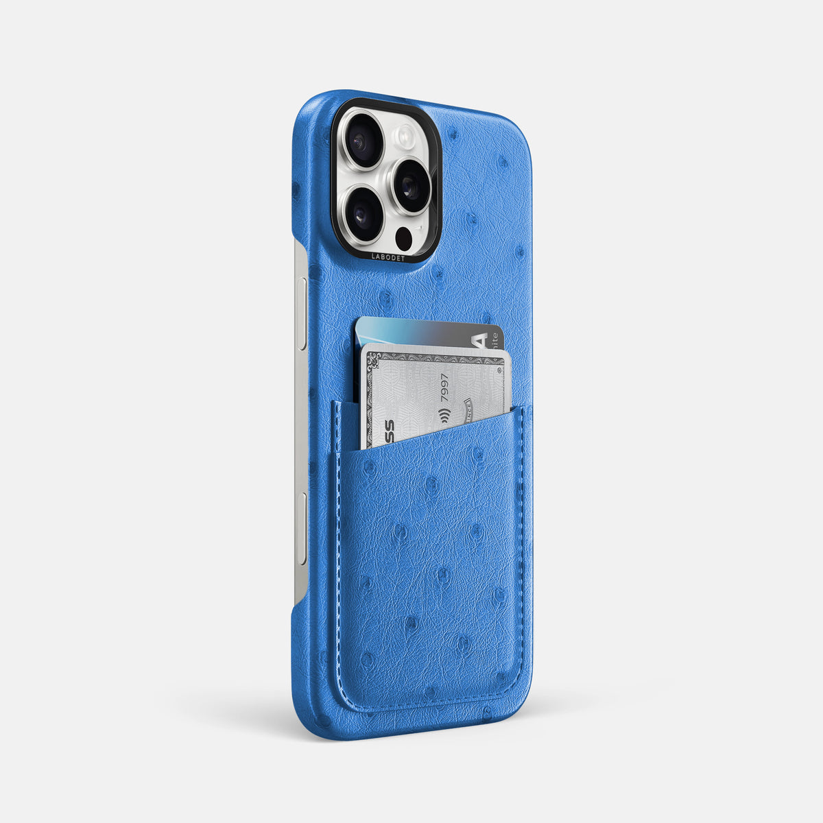 Royal-Blue iPhone 16 Pro Max Card Case Ostrich with Black Metal -2 | Royal-Blue-Black