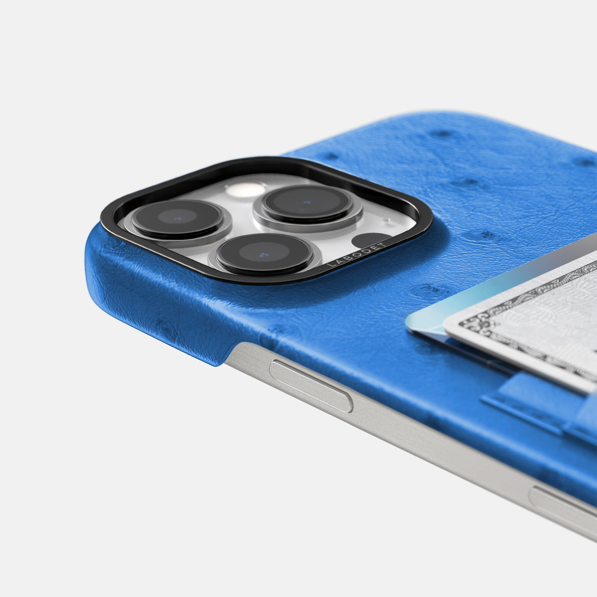 Royal-Blue iPhone 16 Pro Max Card Case Ostrich with Black Metal -5 | Royal-Blue-Black