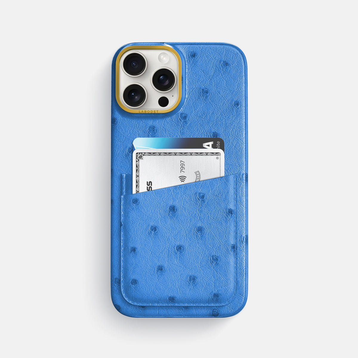 Royal-Blue iPhone 16 Pro Max Card Case Ostrich with Gold Metal -1 | Royal-Blue-Gold