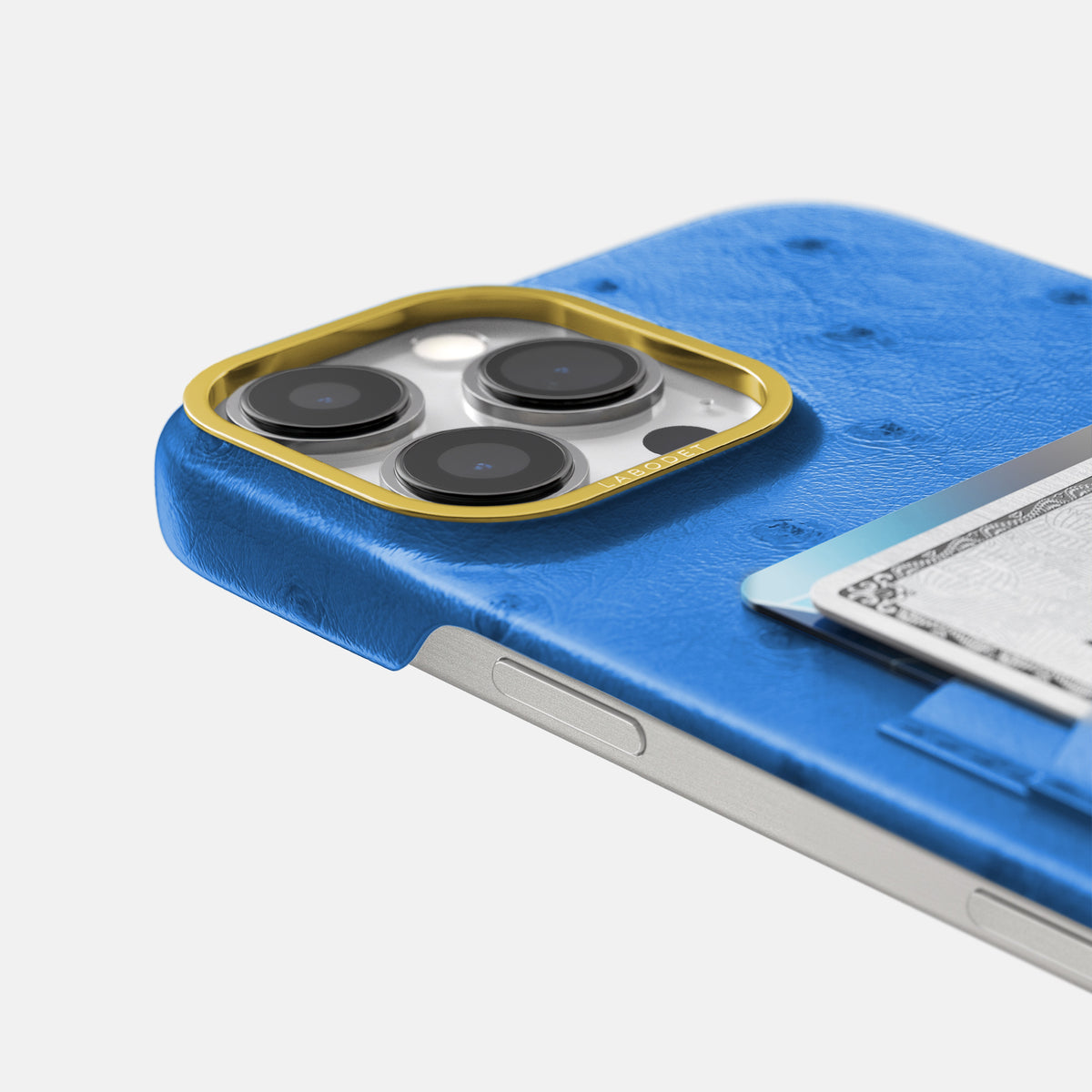 Royal-Blue iPhone 16 Pro Max Card Case Ostrich with Gold Metal -5 | Royal-Blue-Gold