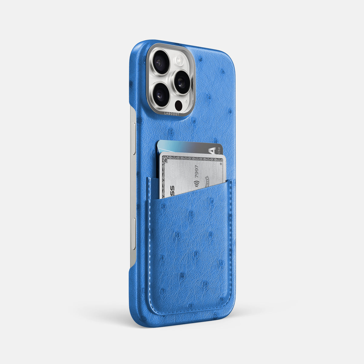 Royal-Blue iPhone 16 Pro Max Card Case Ostrich with Steel Metal -2 | Royal-Blue-Steel