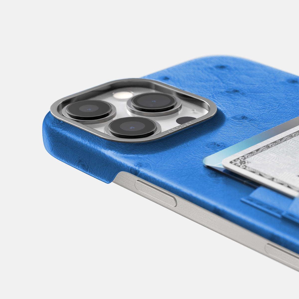 Royal-Blue iPhone 16 Pro Max Card Case Ostrich with Steel Metal -5 | Royal-Blue-Steel