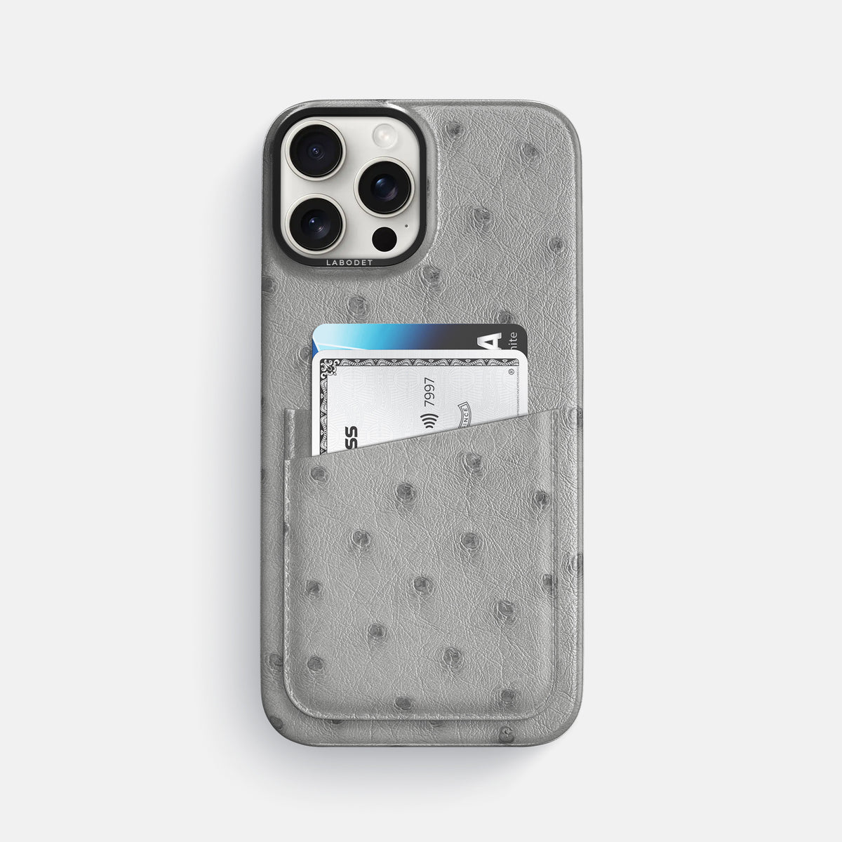 Silver iPhone 16 Pro Max Card Case Ostrich with Black Metal -1 | Silver-Black
