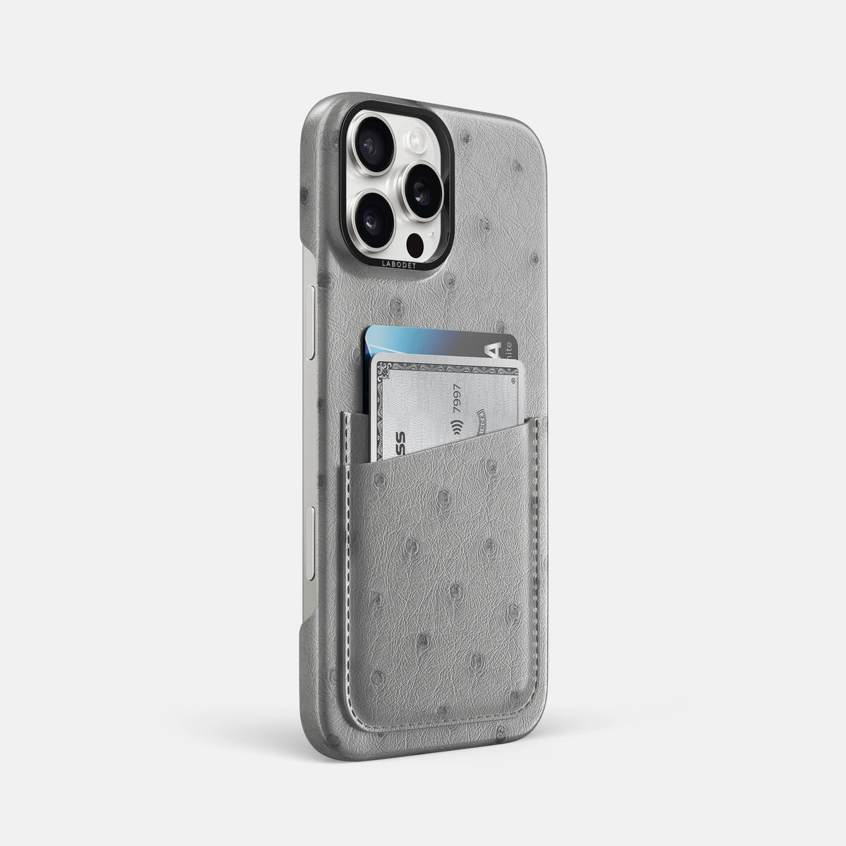 Silver iPhone 16 Pro Max Card Case Ostrich with Black Metal -2 | Silver-Black