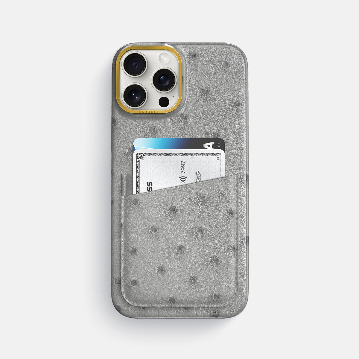 Silver iPhone 16 Pro Max Card Case Ostrich with Gold Metal -1 | Silver-Gold