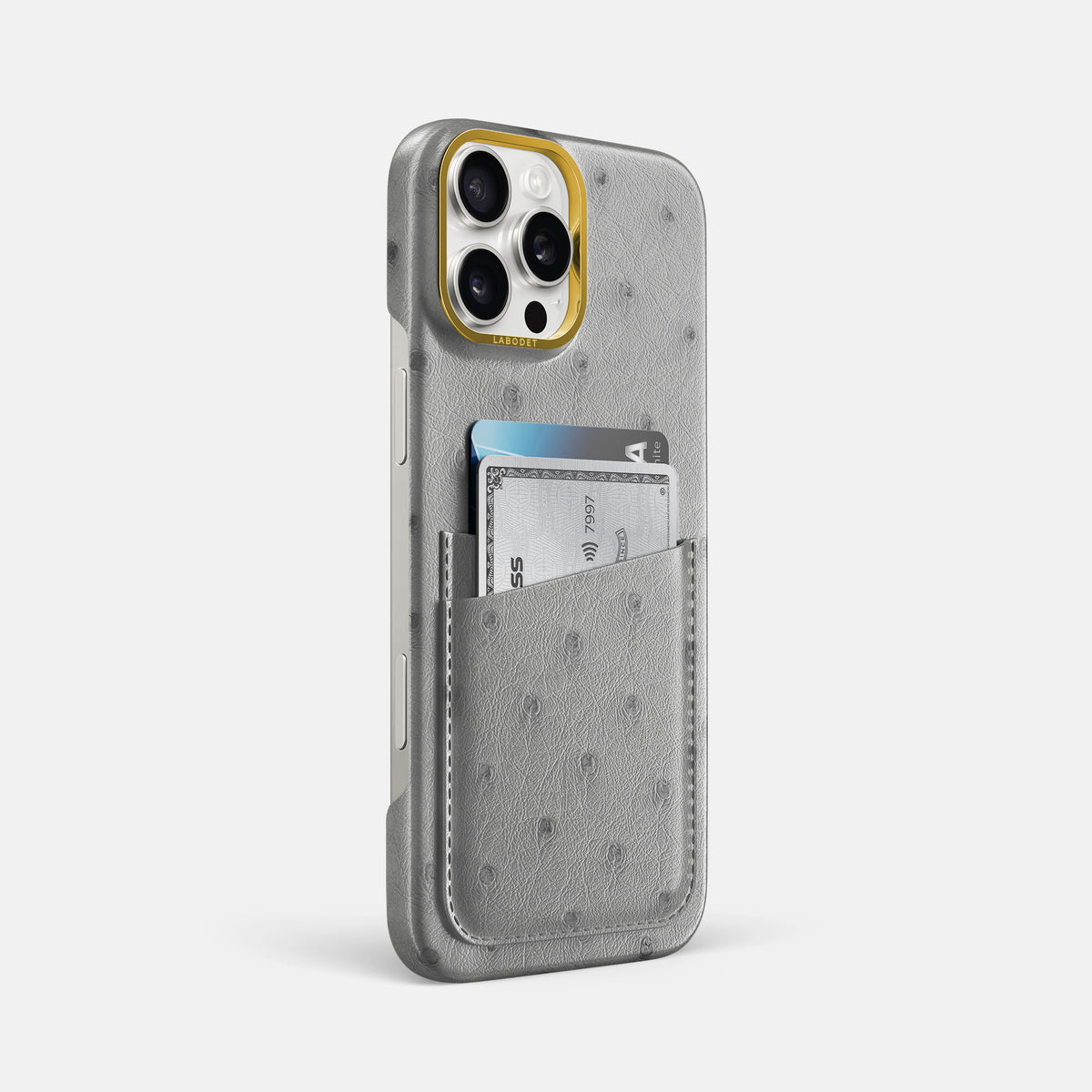 Silver iPhone 16 Pro Max Card Case Ostrich with Gold Metal -2 | Silver-Gold